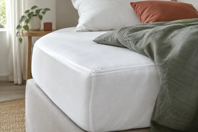 Détail d’un lit aux draps blancs mettant en valeur les textures et le contour de la literie