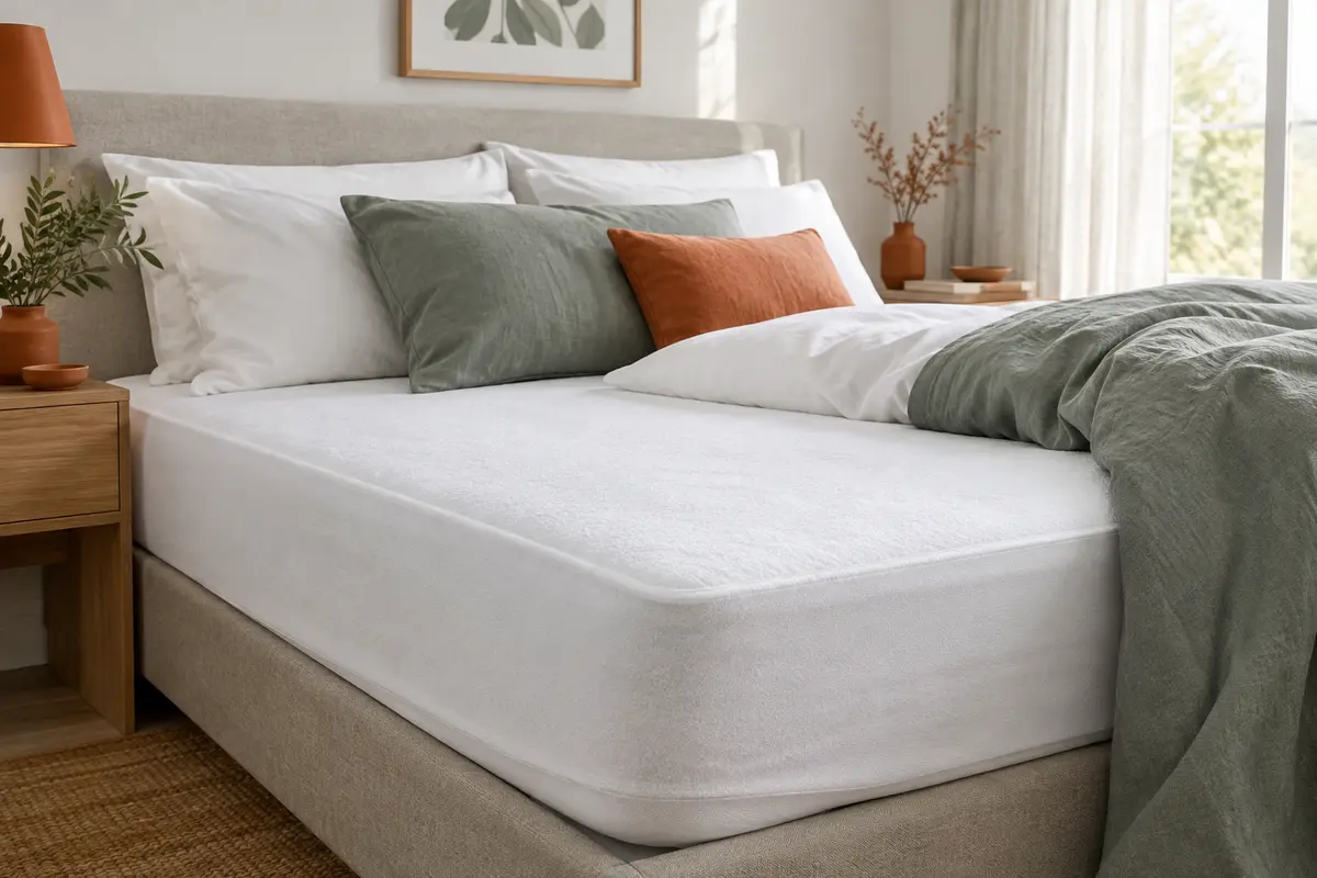 Lit aux draps blancs dans une chambre épurée, avec des touches de vert grisé et de terre cuite